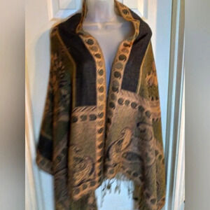 Pashmina scarf wrap shawl black gold brown fringe. Bohemian classic chic